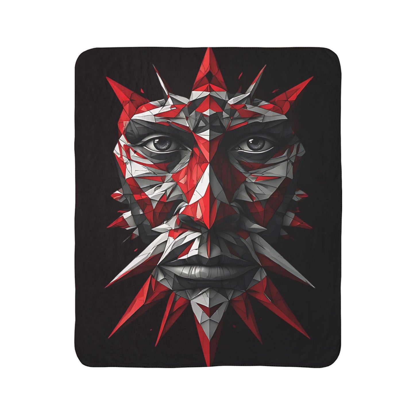 Abstract Geometric Face Sherpa Blanket — Red & Black Tribal Mask Art Throw
