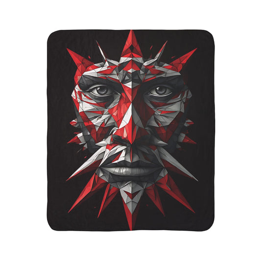 Abstract Geometric Face Sherpa Blanket — Red & Black Tribal Mask Art Throw