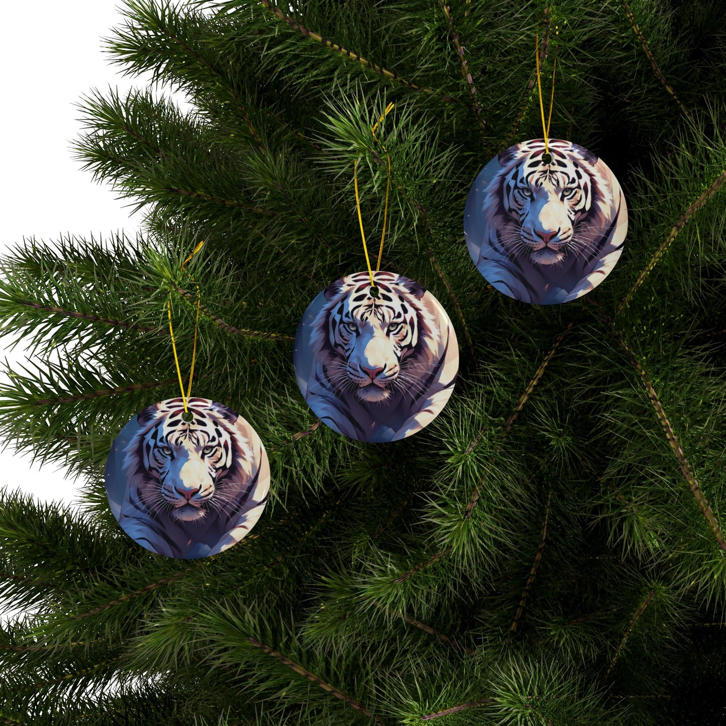 White Tiger Ceramic Ornament — Double-Sided Wildlife Holiday Decoration