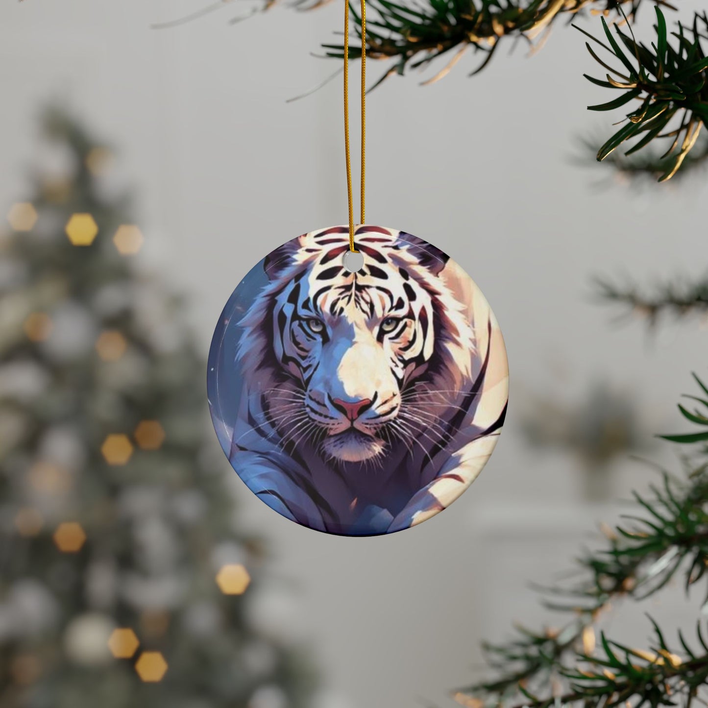 White Tiger Ceramic Ornament — Double-Sided Wildlife Holiday Decoration