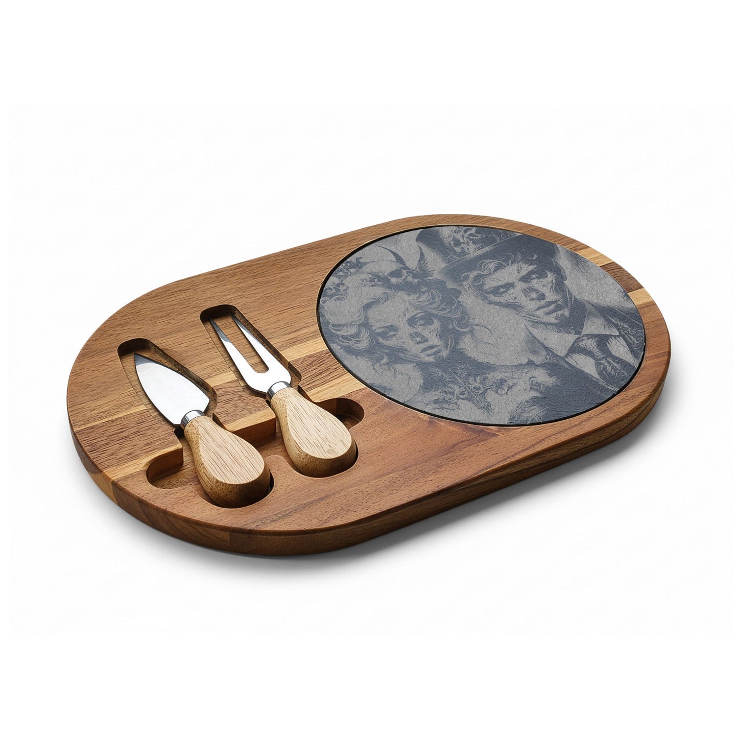 Engraved Acacia Charcuterie Board with Gothic Couple Design