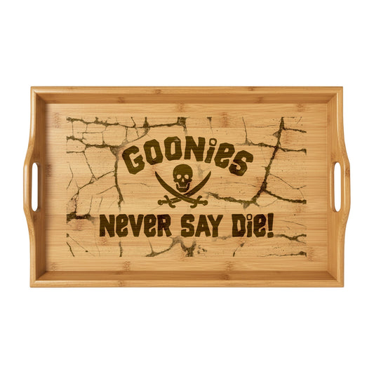 Bamboo Serving Tray — Engraved “Goonies Never Say Die!” Skull & Crossbones