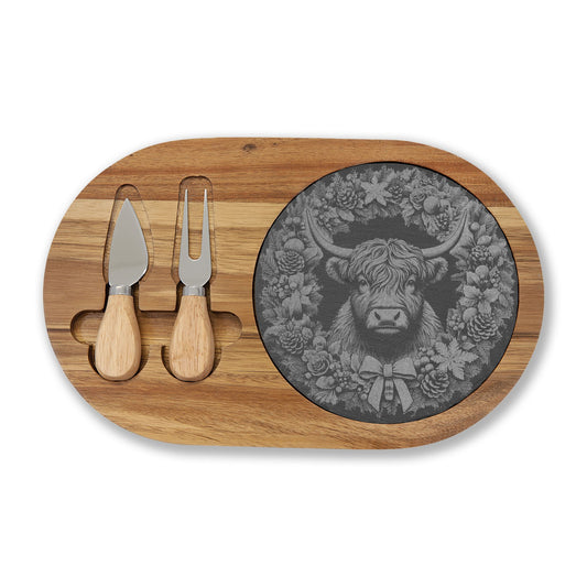 Engraved Wooden Charcuterie Board with Highland Cow Slate Inlay — Cheese Knife Set