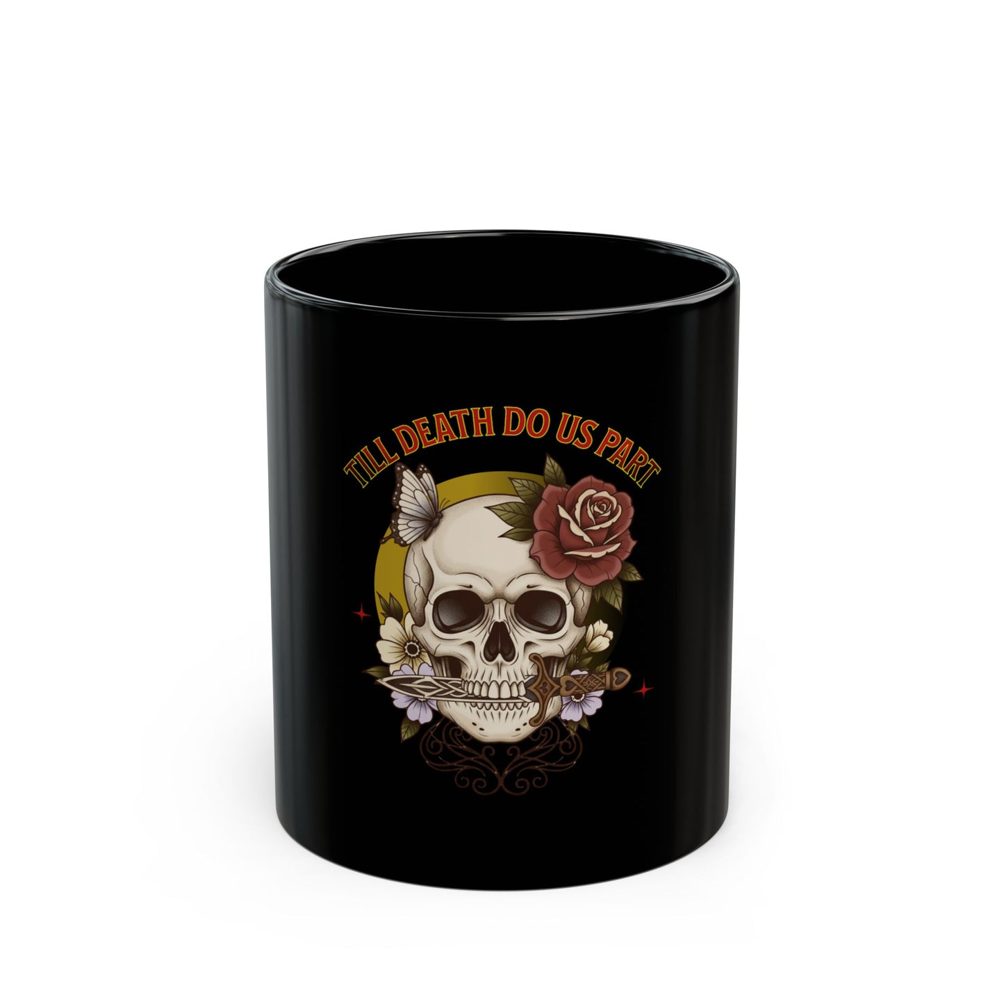 Day of the Dead Skull Coffee Mug — "Til Death Do Us Part" Black Ceramic