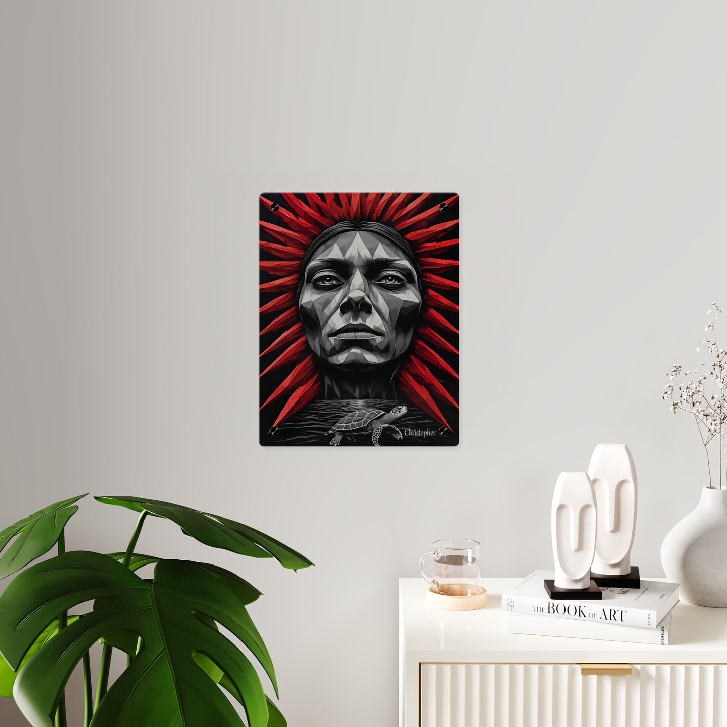 Acrylic Wall Art Panel — Geometric Tribal Face with Red Feather Headdress