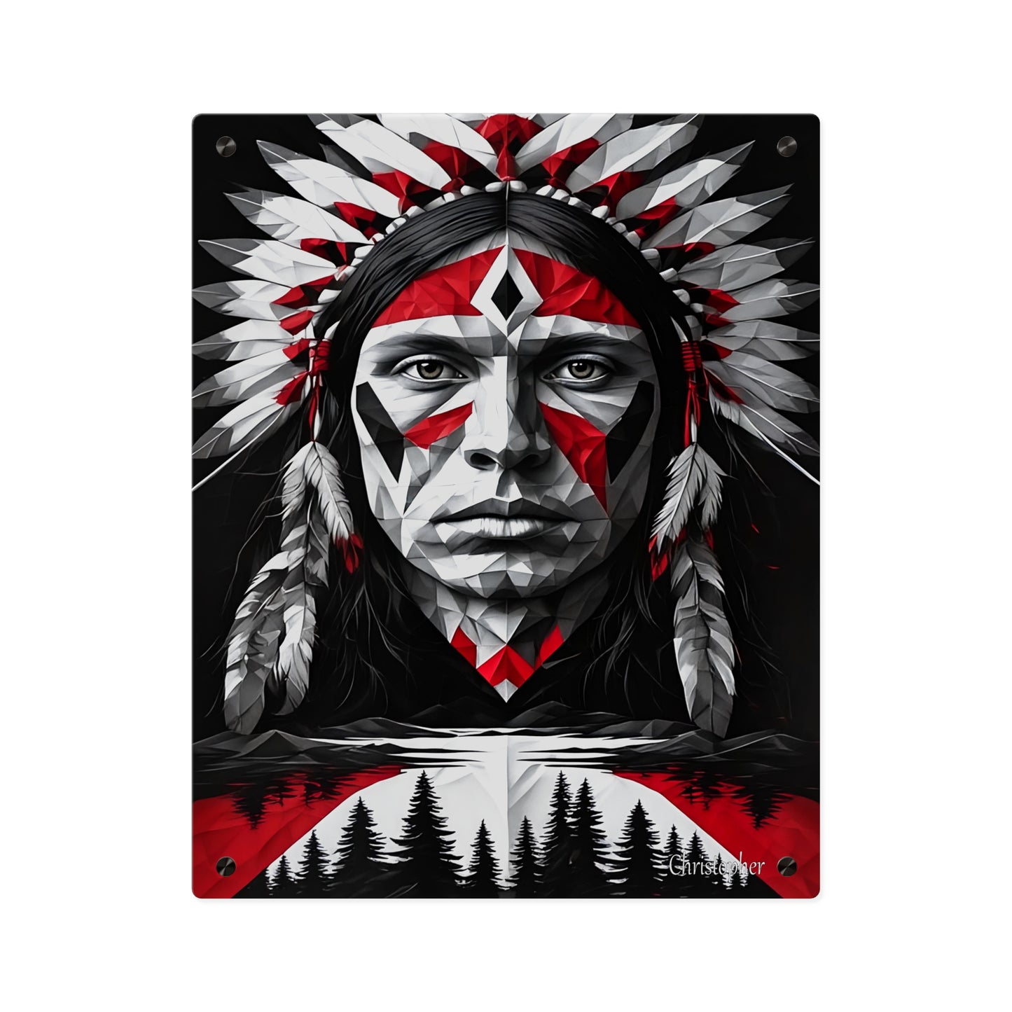 Acrylic Wall Art Panel — Geometric Indigenous Warrior Portrait (Red & Black)