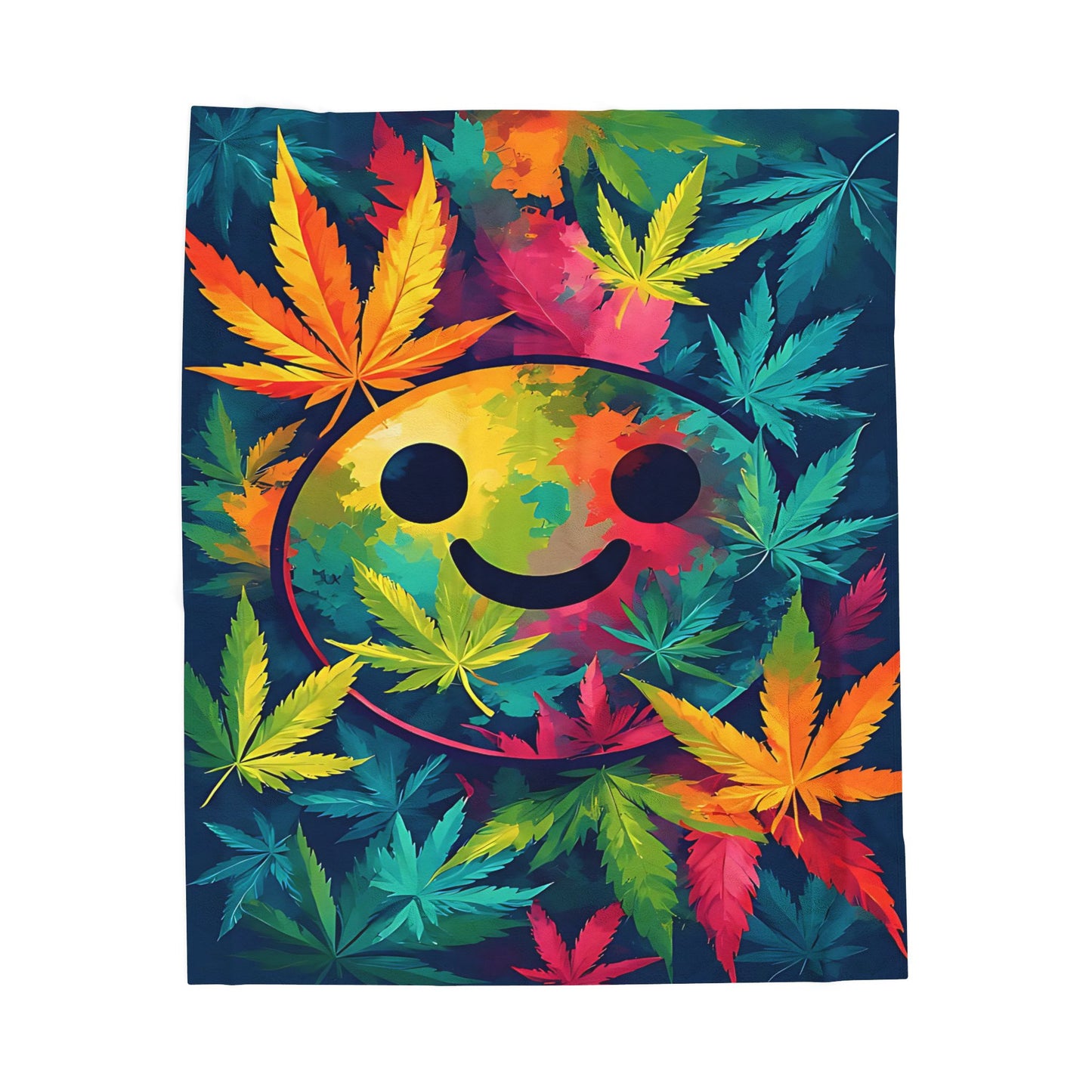 Velveteen Plush Blanket — Tie-Dye Smiley Face with Colorful Cannabis Leaves