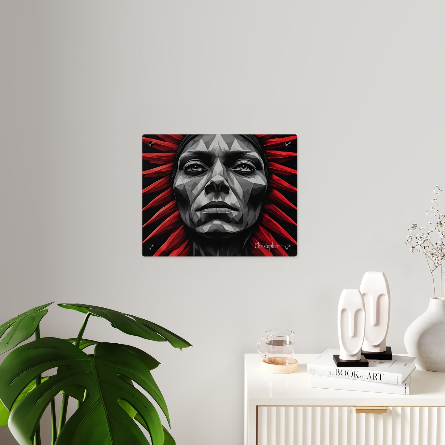 Acrylic Wall Art Panel — Geometric Tribal Face with Red Feather Headdress