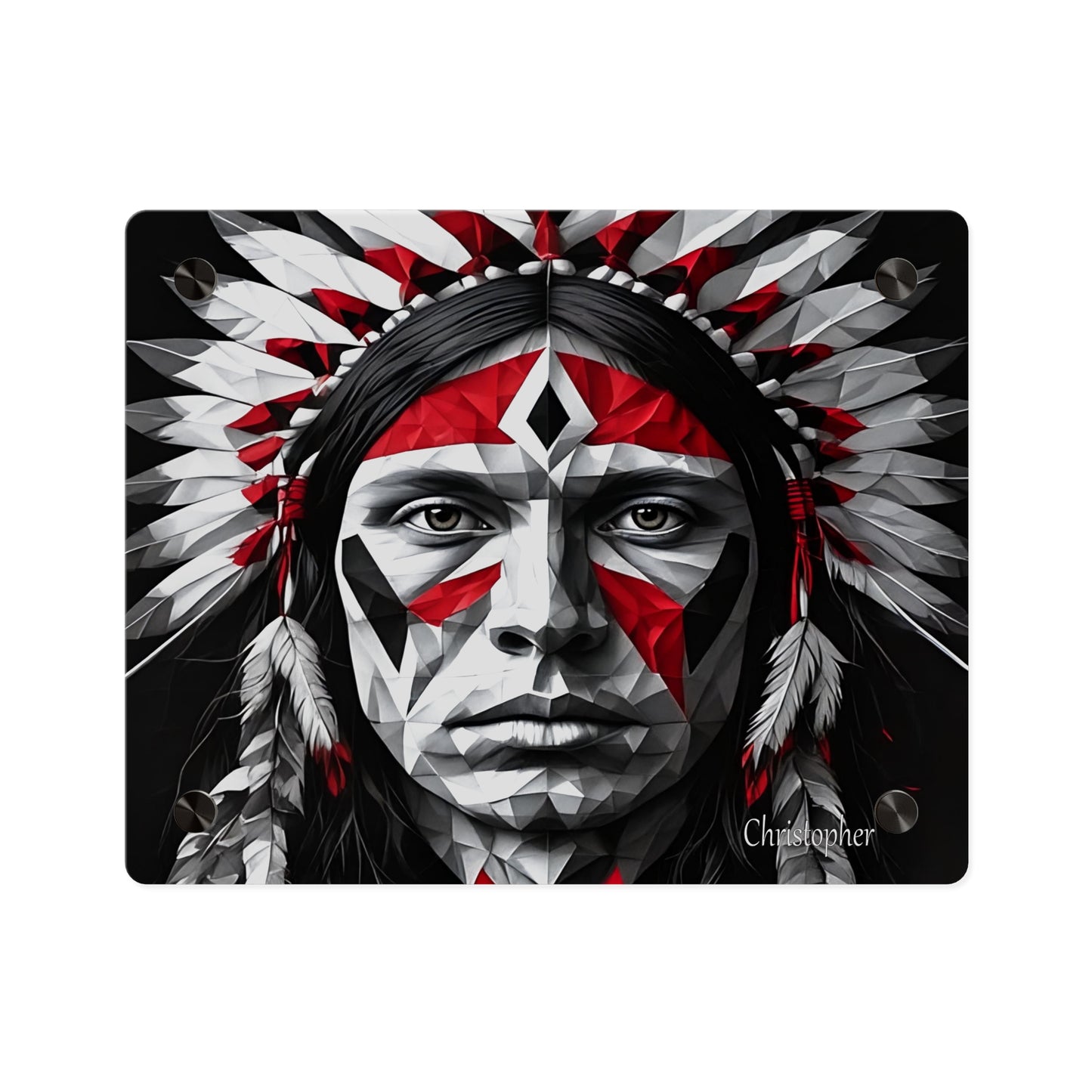 Acrylic Wall Art Panel — Geometric Indigenous Warrior Portrait (Red & Black)