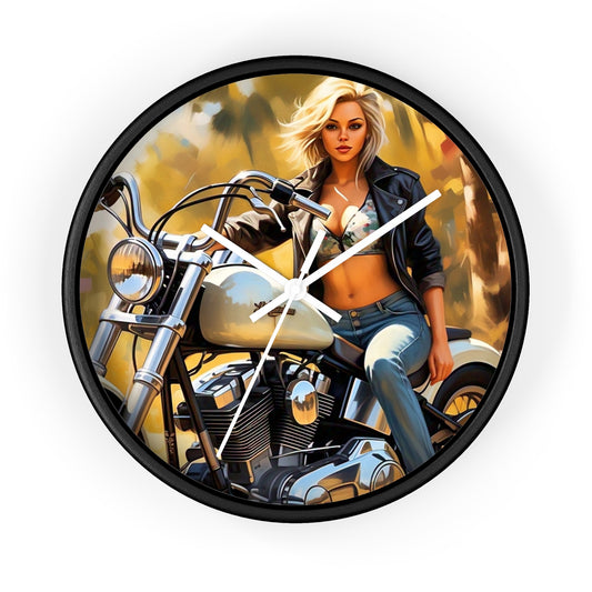 Vintage Biker Girl Wall Clock - Retro Motorcycle Decor, Gift for Bikers, Home Office Decoration, Harley Davidson Style