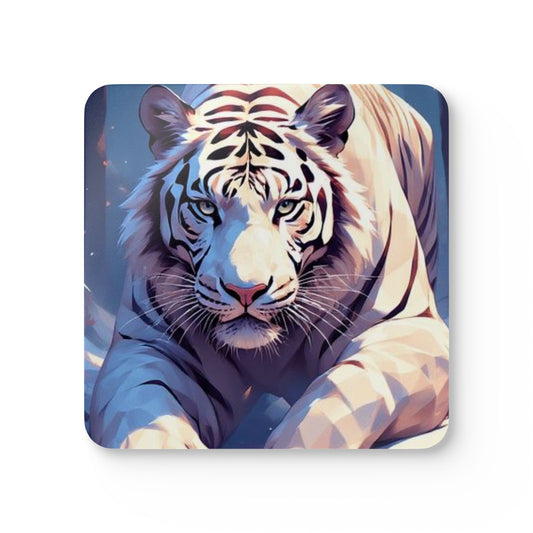 White Tiger Art Cork Coaster Set — Square Drink Coasters with Majestic Tiger Illustration