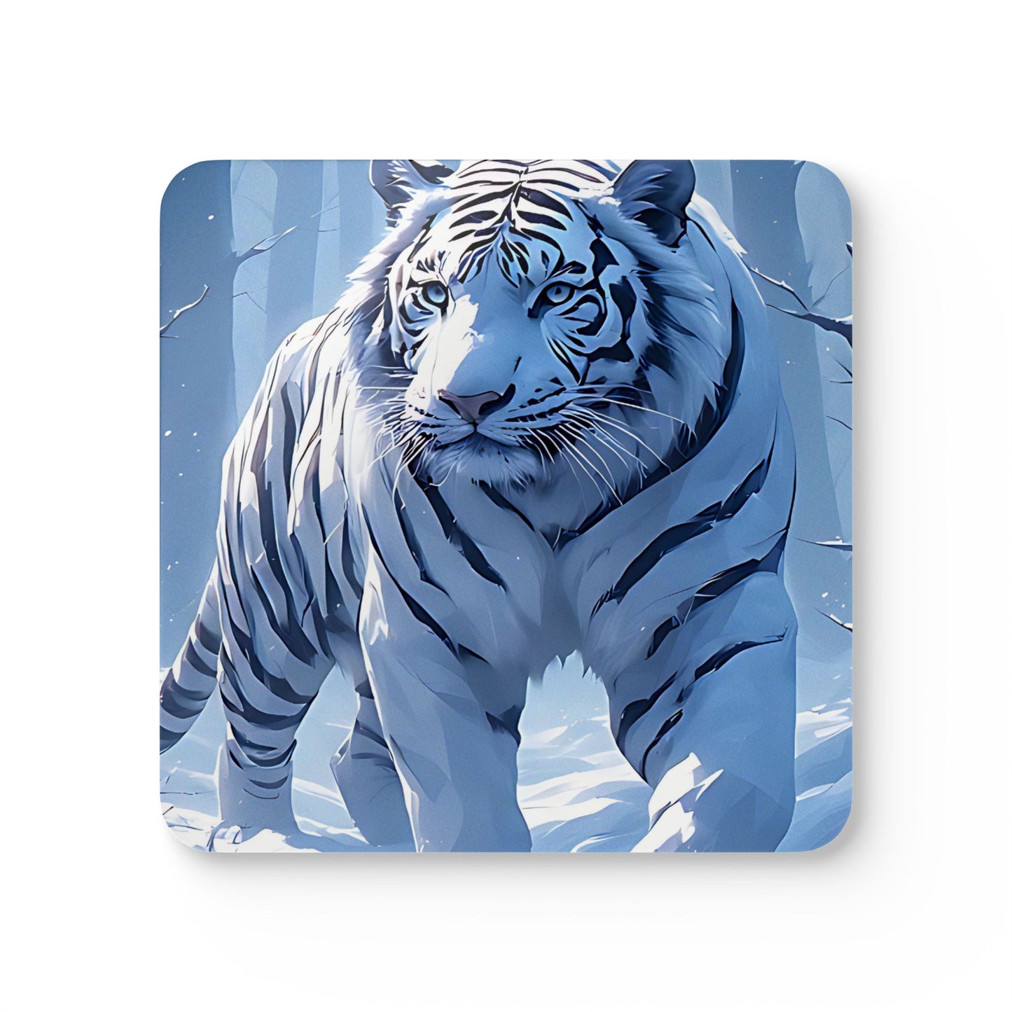 White Tiger Cork Coaster Set — Illustrated Winter Wildlife Drink Coasters (4-Pack)