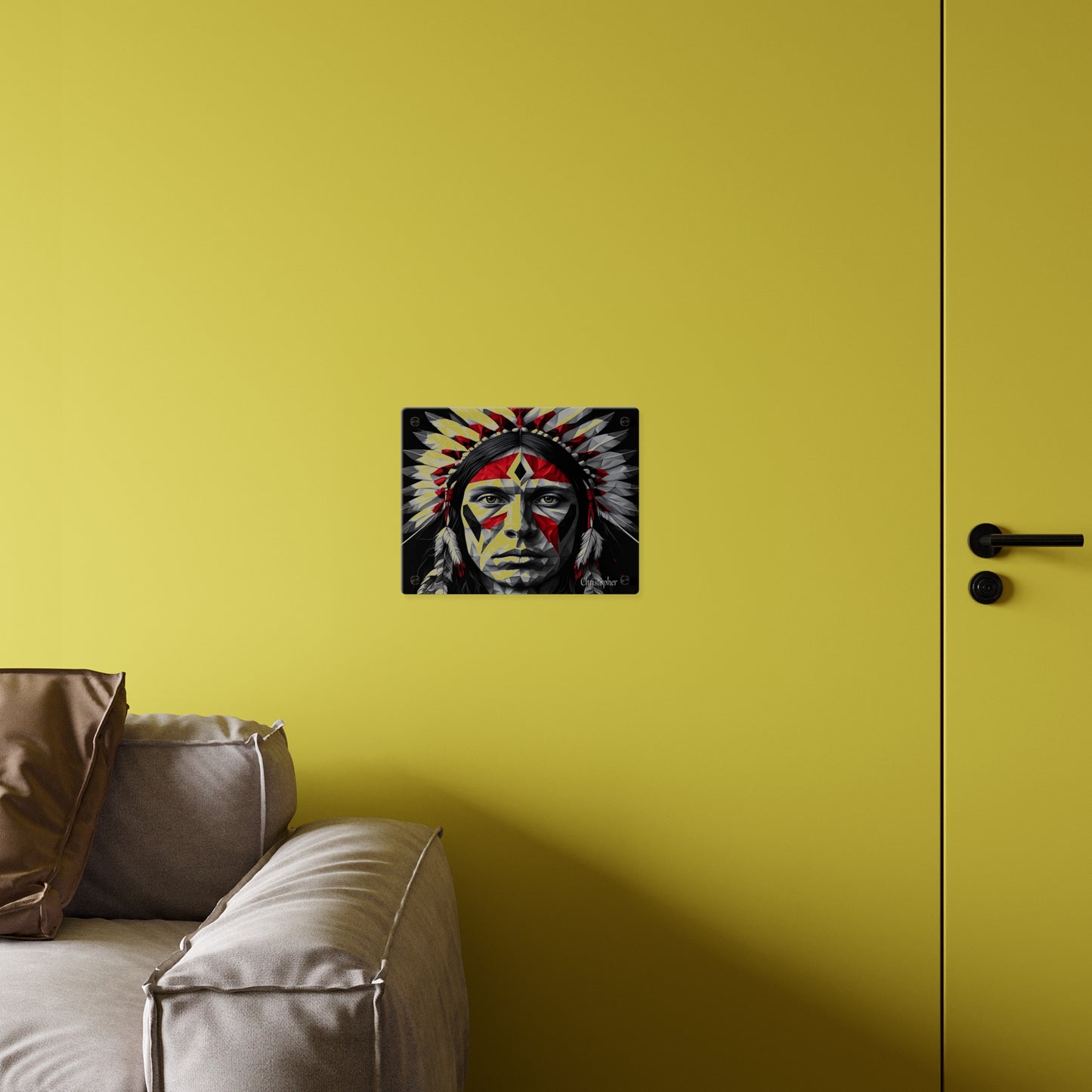 Acrylic Wall Art Panel — Geometric Indigenous Warrior Portrait (Red & Black)