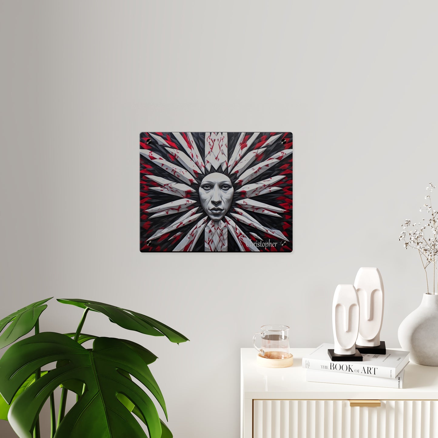 Acrylic Wall Art Panel — Surreal Sunburst Face with Red & Black Feather Design