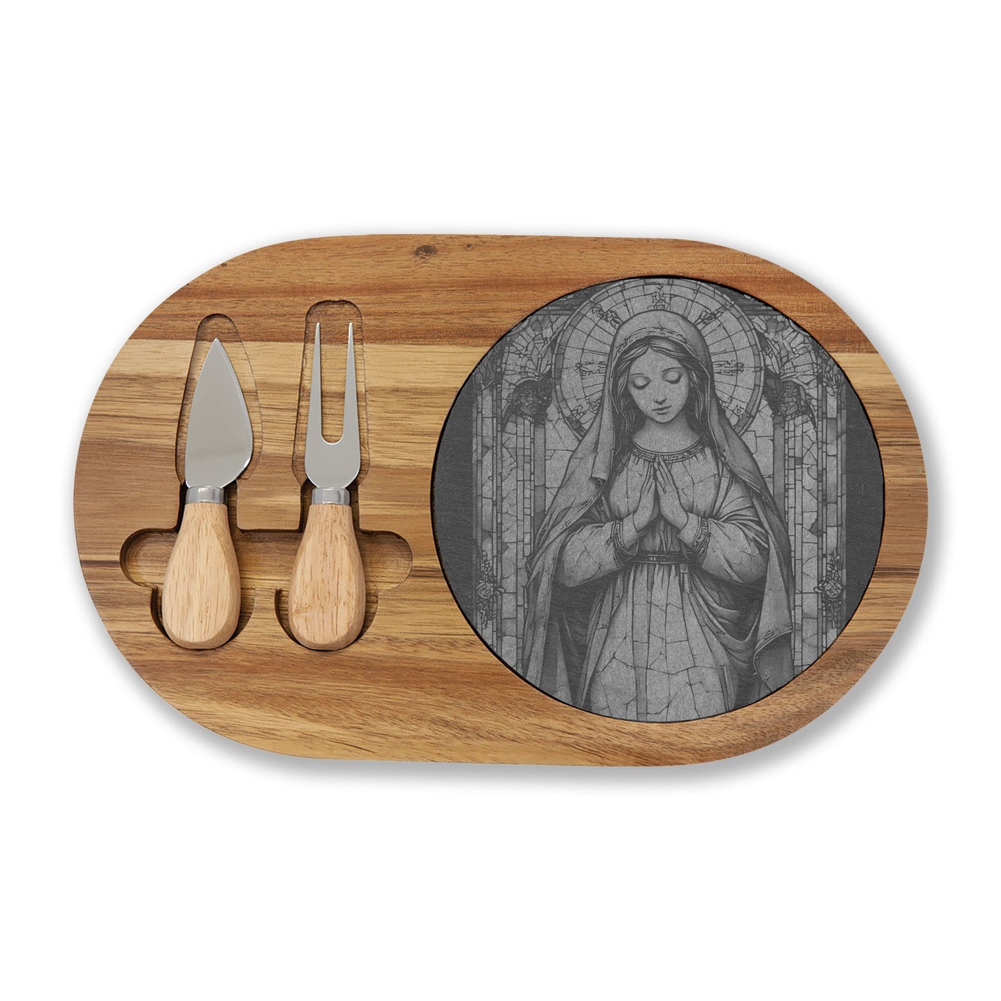 Engraved Virgin Mary Charcuterie Board with Marble Inlay — Religious Cheese Serving Set