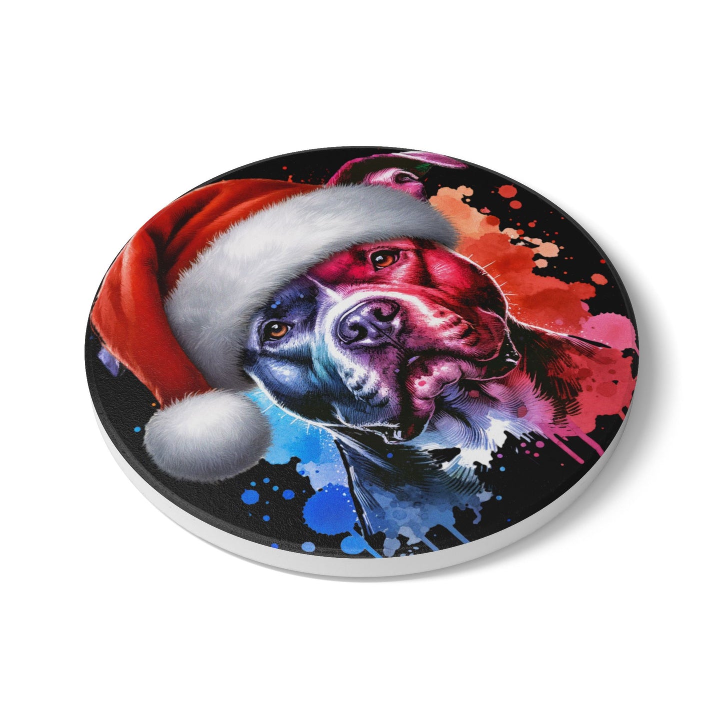 Holiday Pit Bull Ceramic Coaster — Colorful Santa Dog Drink Mat