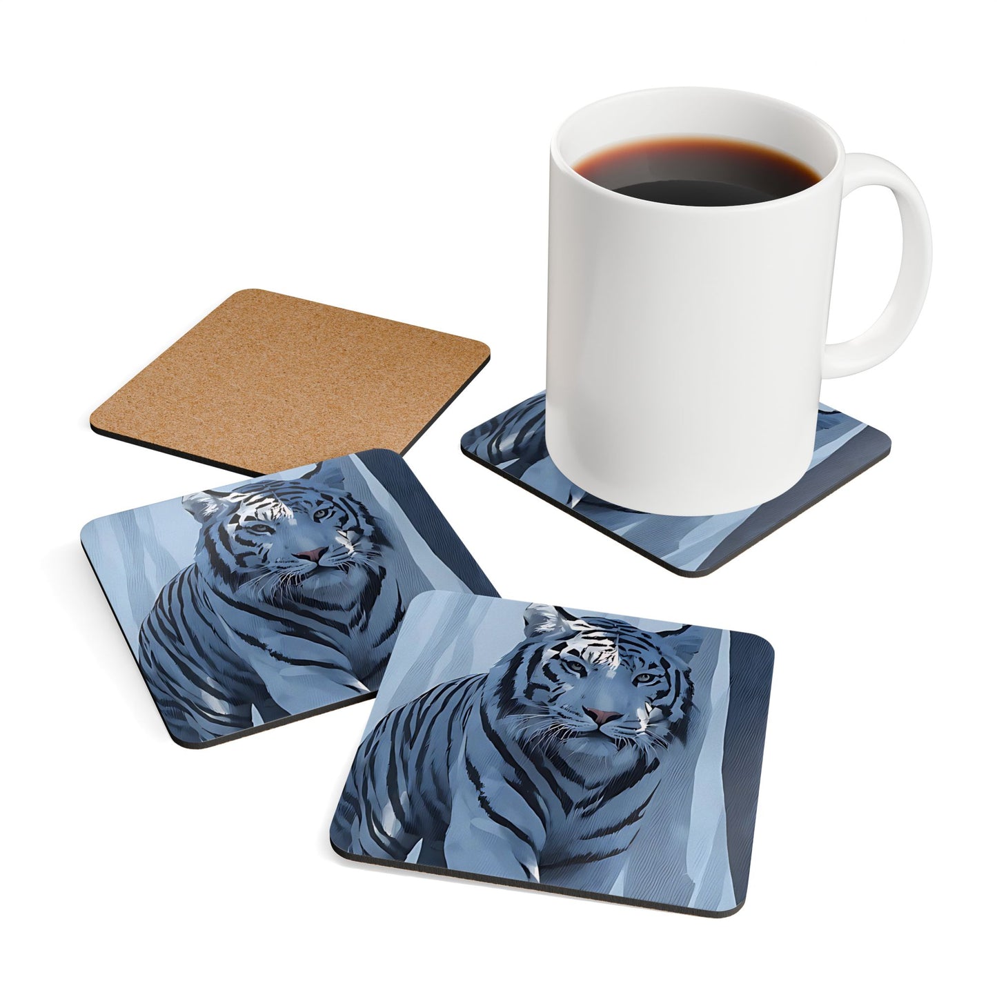 White Tiger Cork Coaster Set — Wildlife Art Drink Coasters (4-Pack)