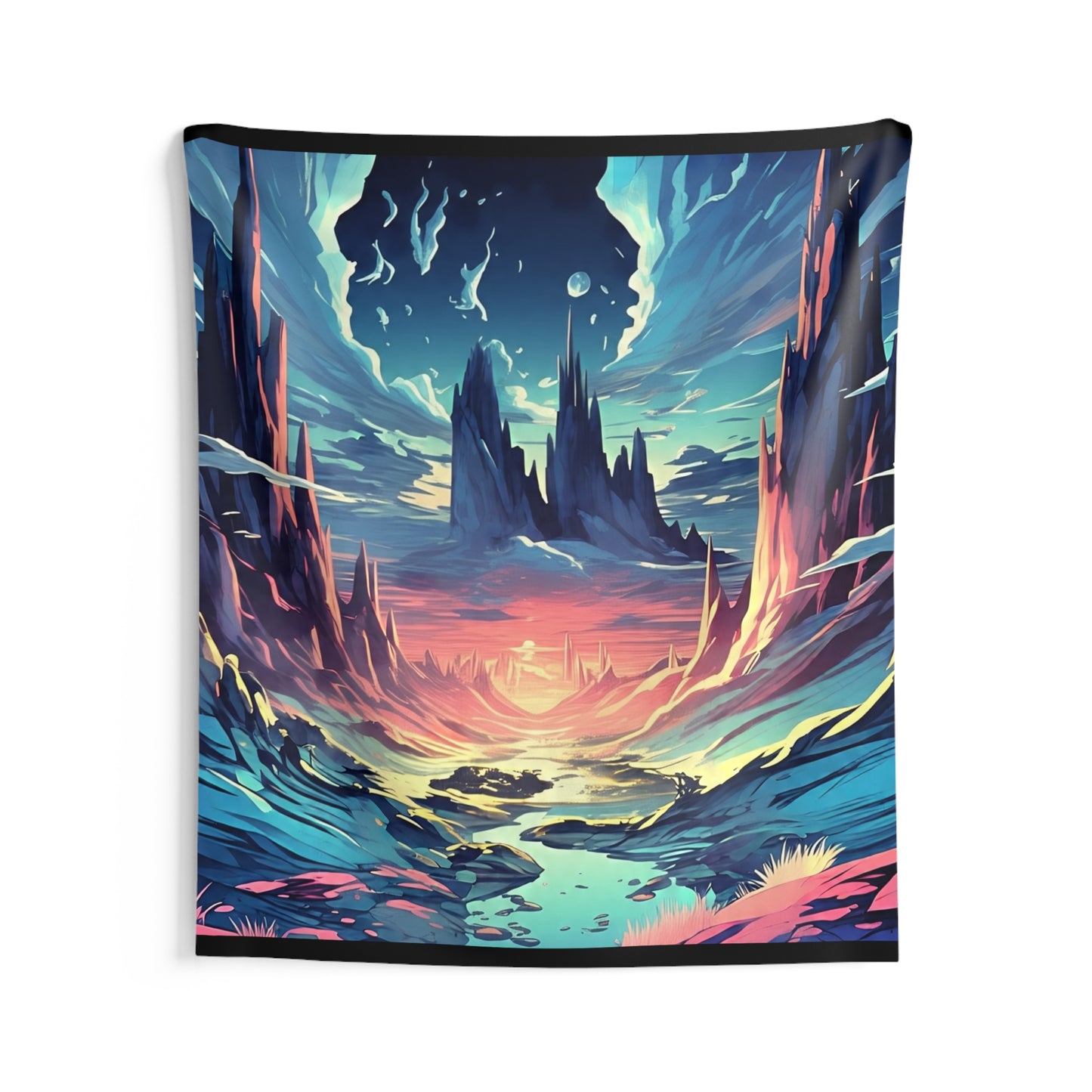Fantasy Landscape Tapestry — Vibrant Sunset Alien World Wall Art