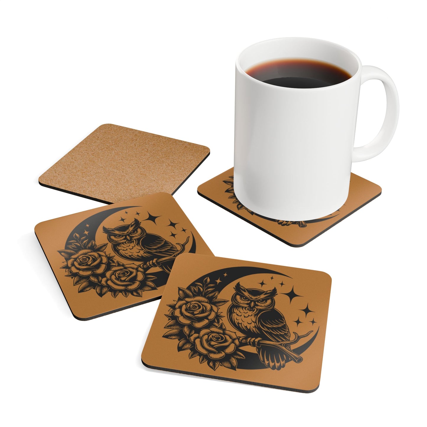 Cork Coaster Set — Moon Owl & Roses Corkwood Drink Coasters (4-Pack)