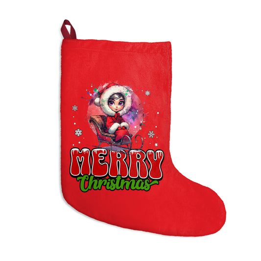 Red Christmas Stocking with Cute Santa Girl Illustration — "Merry Christmas" Holiday Stocking