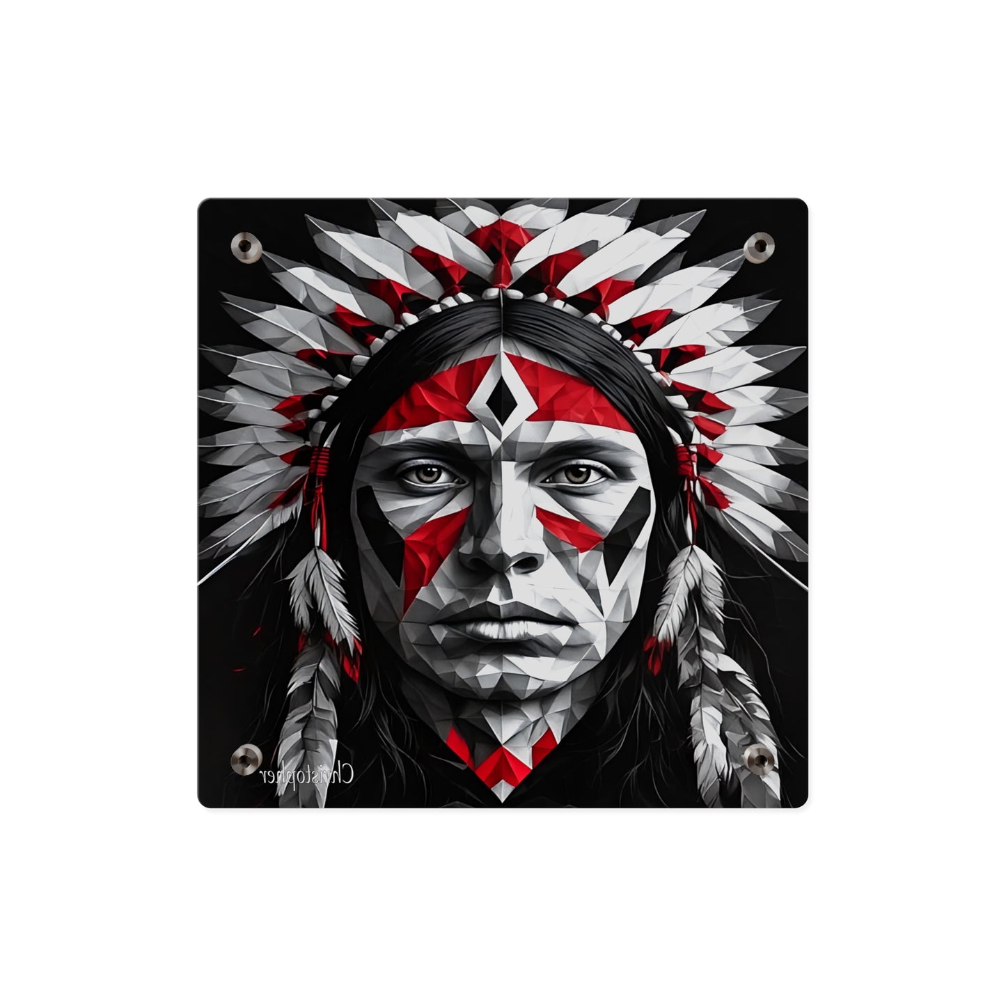 Acrylic Wall Art Panel — Geometric Indigenous Warrior Portrait (Red & Black)