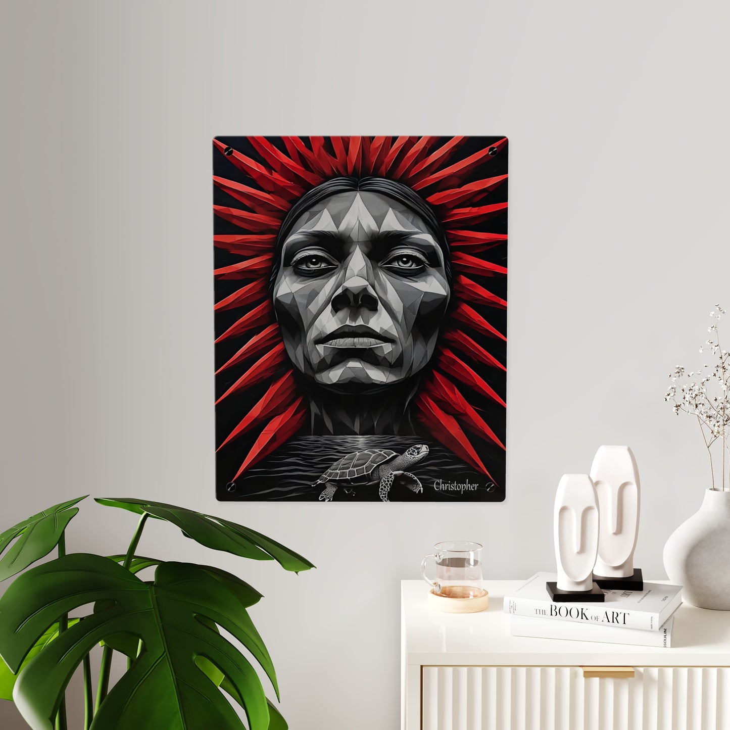 Acrylic Wall Art Panel — Geometric Tribal Face with Red Feather Headdress