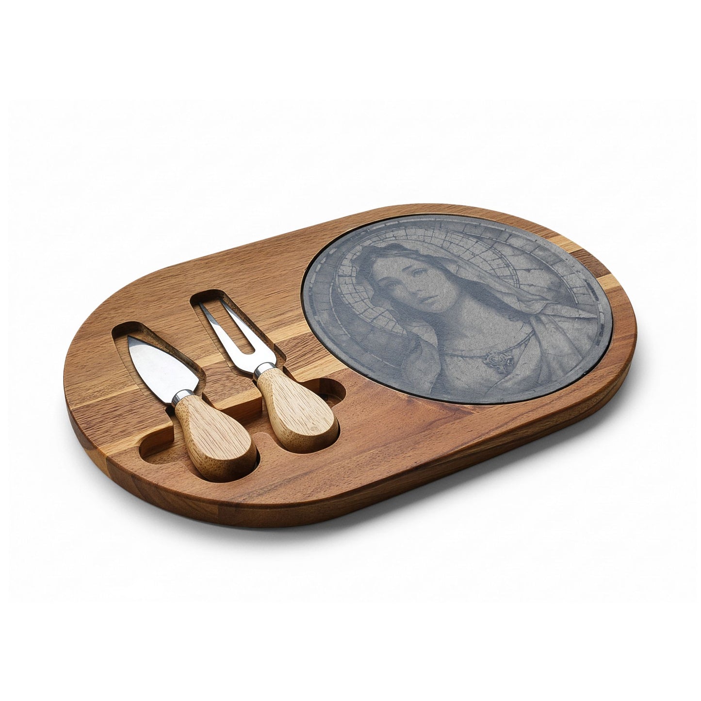Engraved Bamboo Charcuterie Board Mary with Slate Round & Cheese Tools