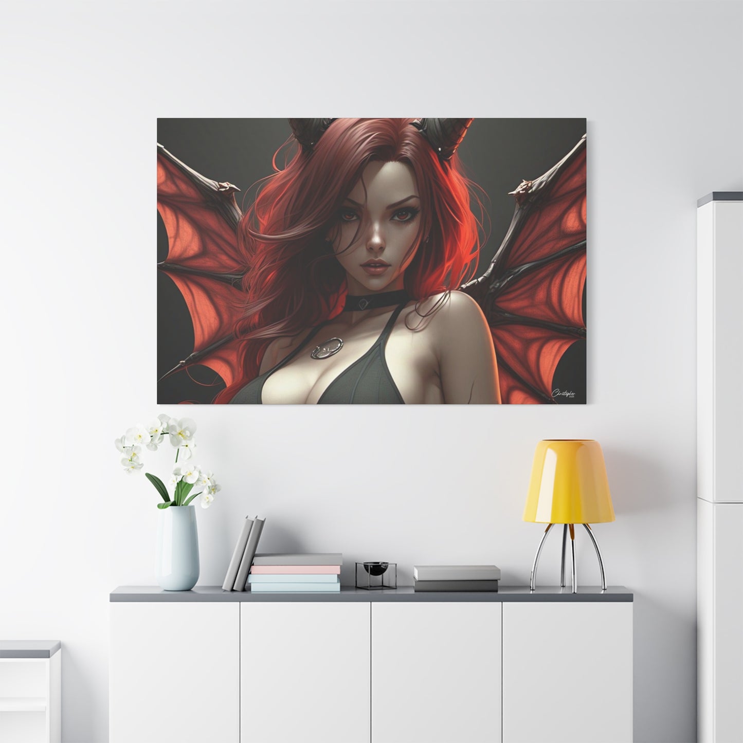 Gothic Fantasy Canvas Art, Demon Girl Wall Decor, Unique Home Decor, Gift for Her, Halloween or Birthday Gift