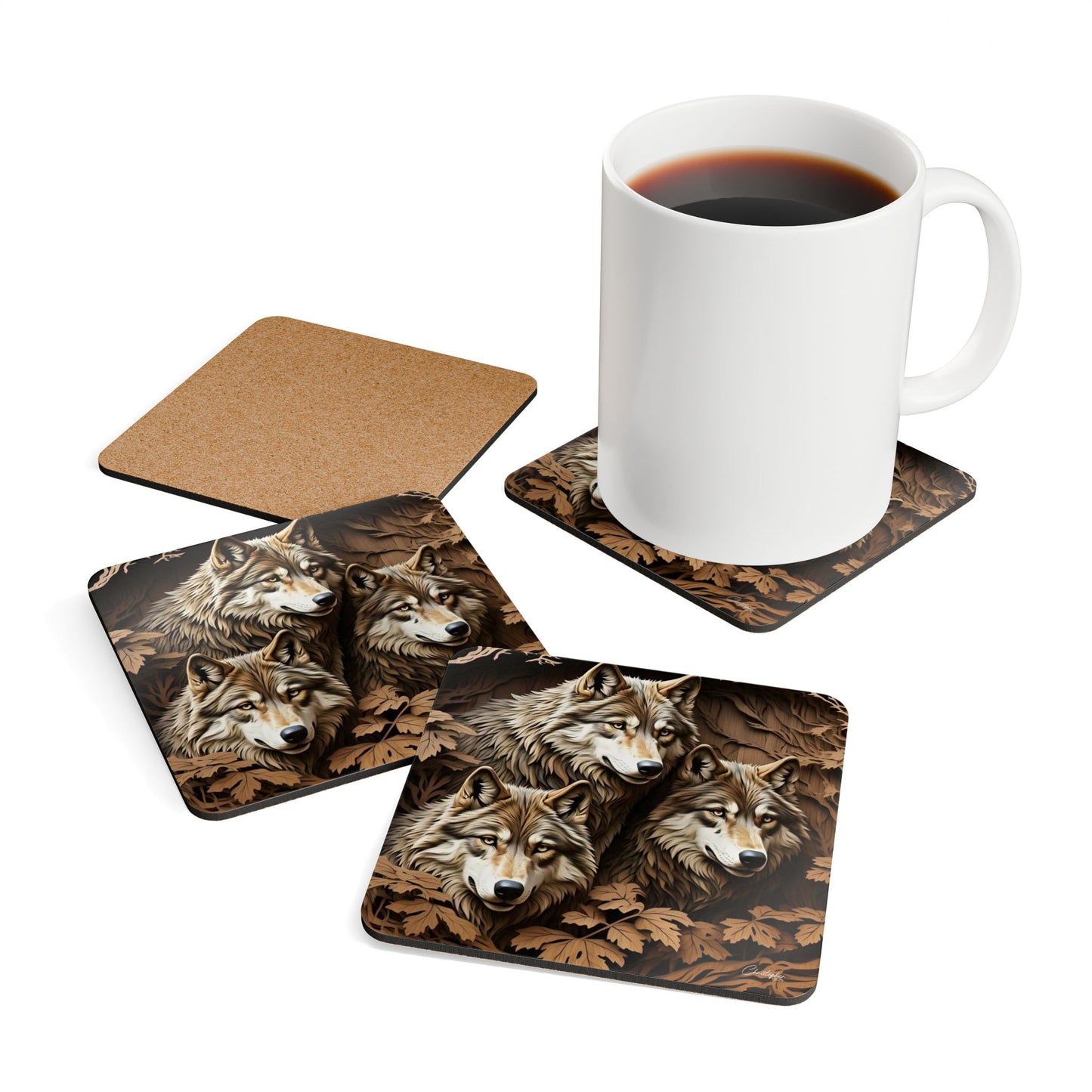 Nature-Inspired Cork Coaster Set with Wolf Design, Unique Rustic Home Décor, Animal Lover Gift, Eco-Friendly Drinkware, Kitchen Accessories