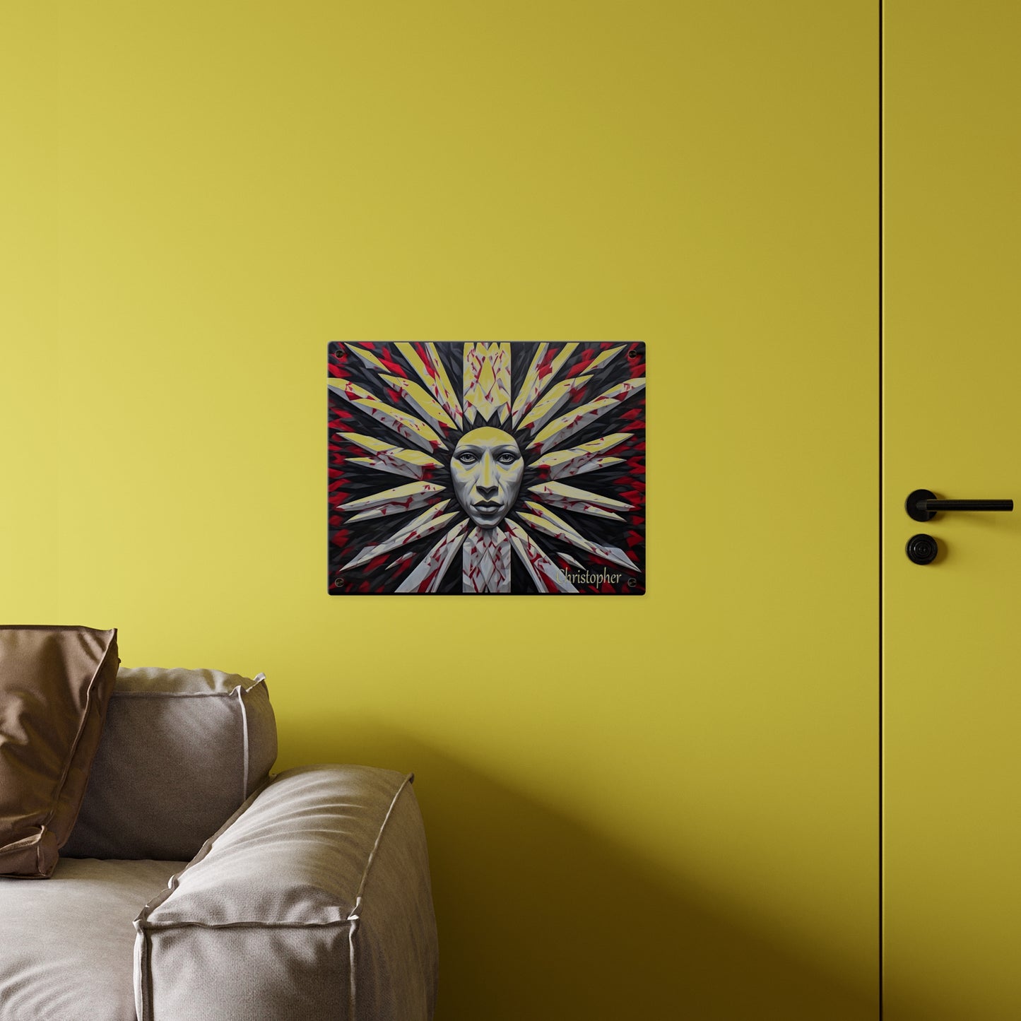 Acrylic Wall Art Panel — Surreal Sunburst Face with Red & Black Feather Design
