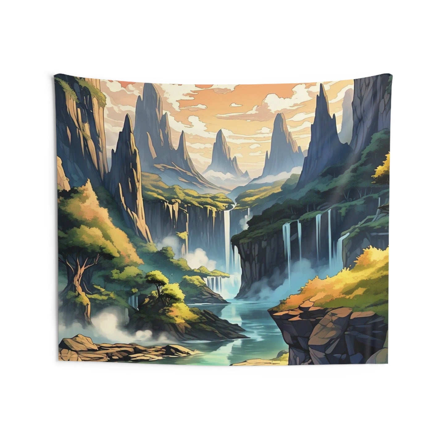 Scenic Fantasy Landscape Tapestry — Waterfall Valley Wall Hanging