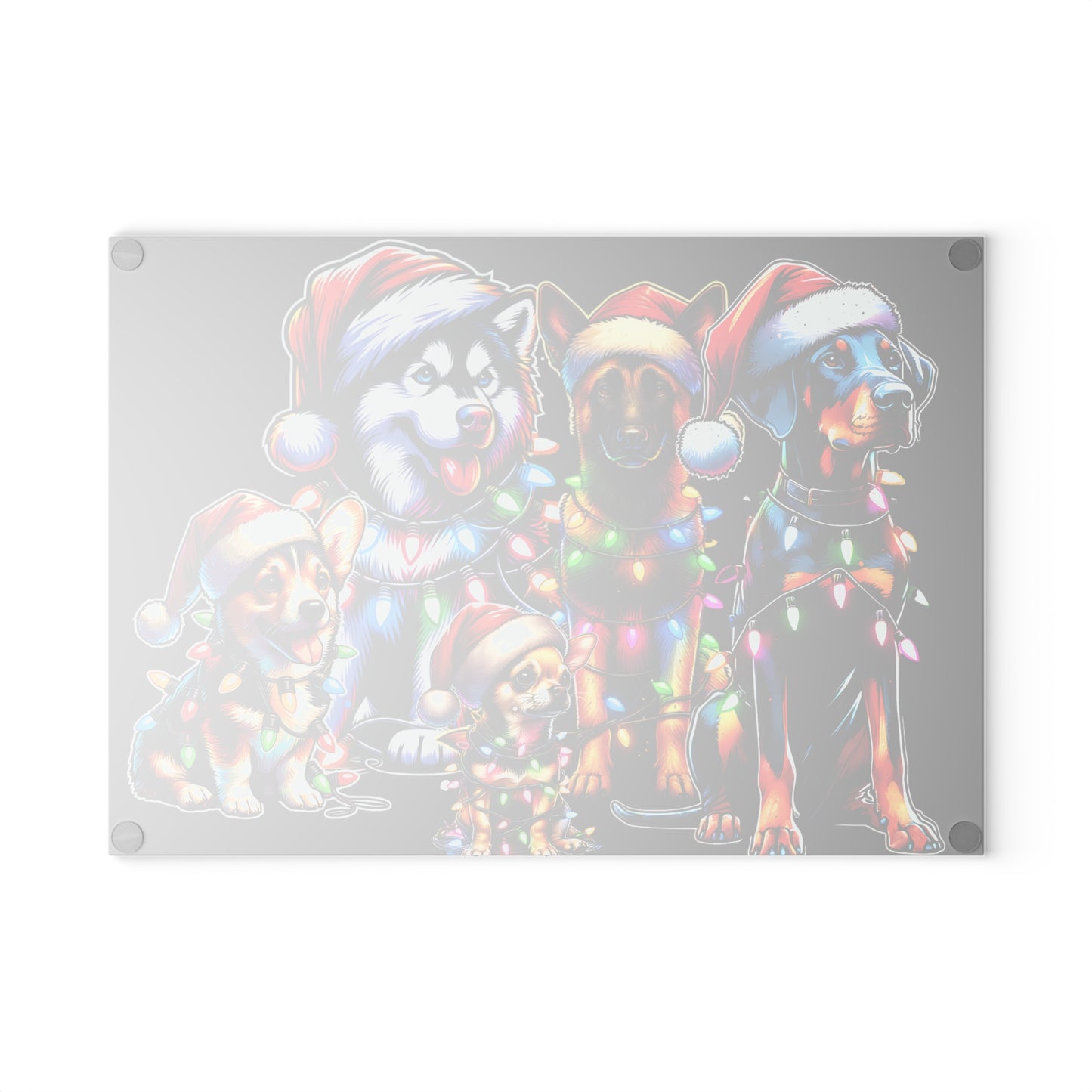 Christmas Dogs Glass Cutting Board — Festive Santa Hats & Holiday Lights