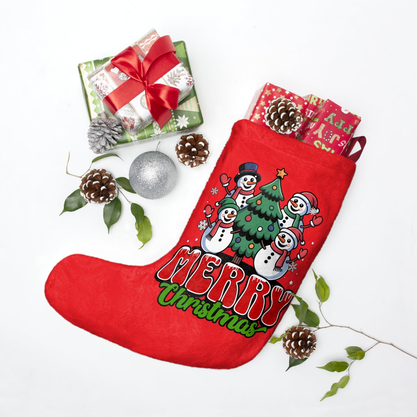 Merry Christmas Stocking – Red Holiday Stocking with Snowman Tree Design