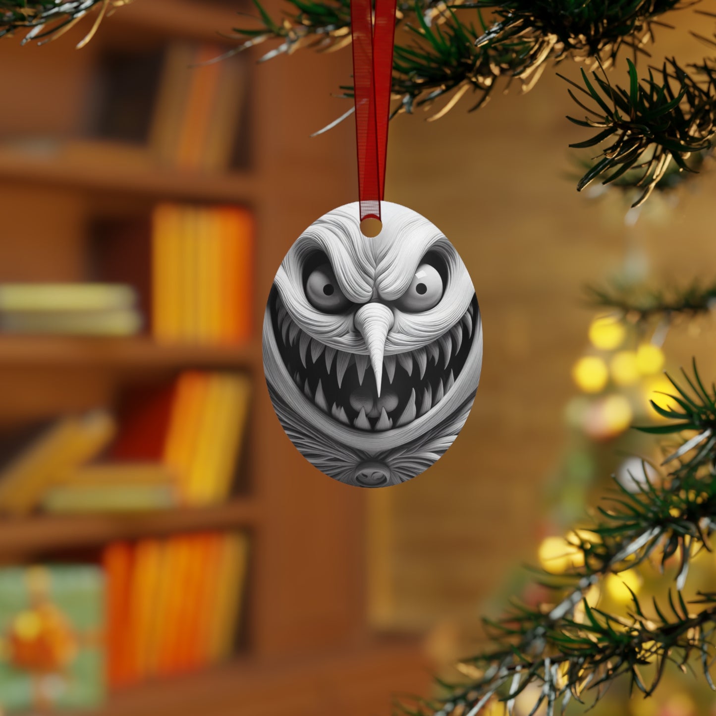 Creepy Grin Metal Ornament — Scary Christmas Bell Decoration