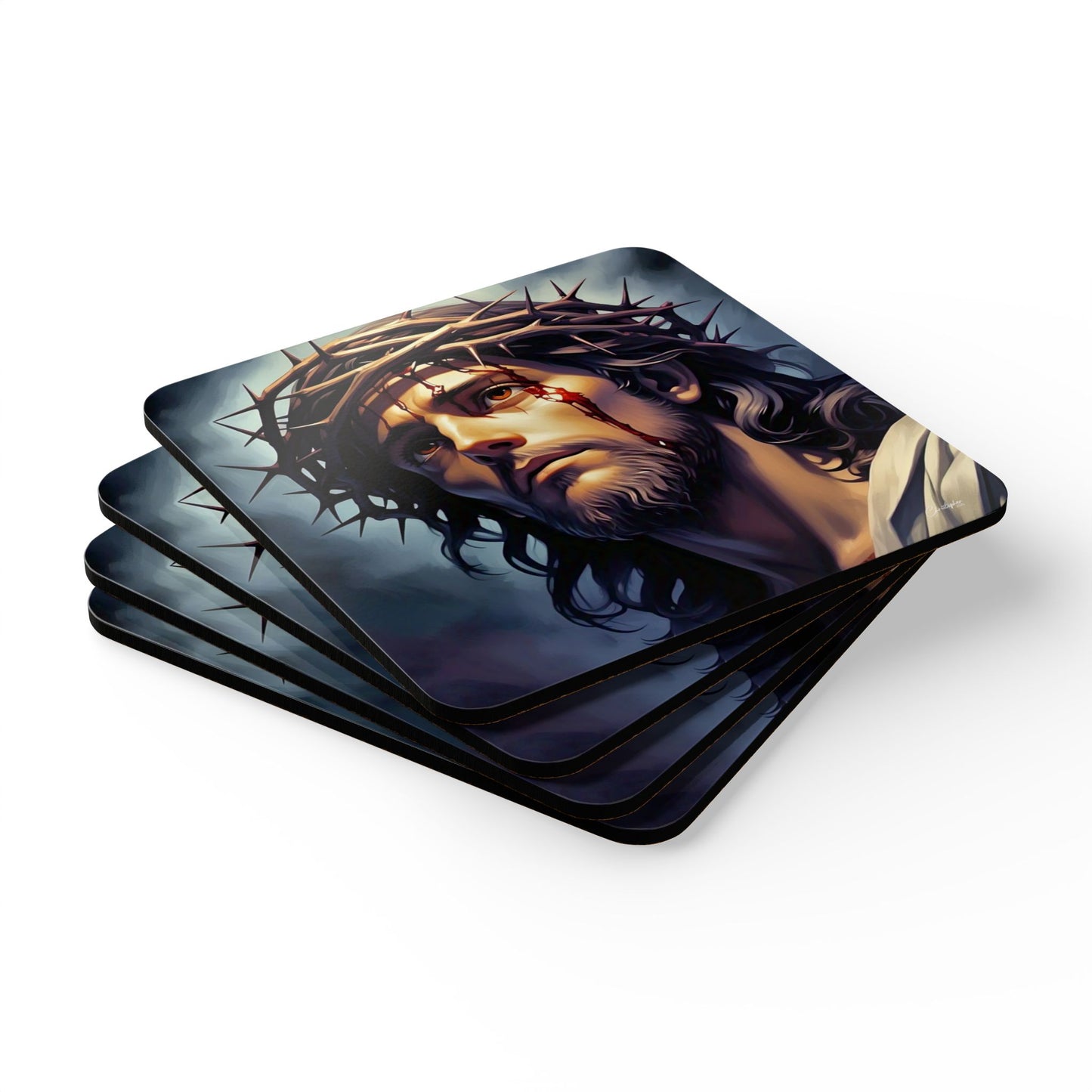 Religious Artwork Corkwood Coaster Set, Jesus Coasters, Christian Home Decor, Gift for Believers, Table Accessories for Faith