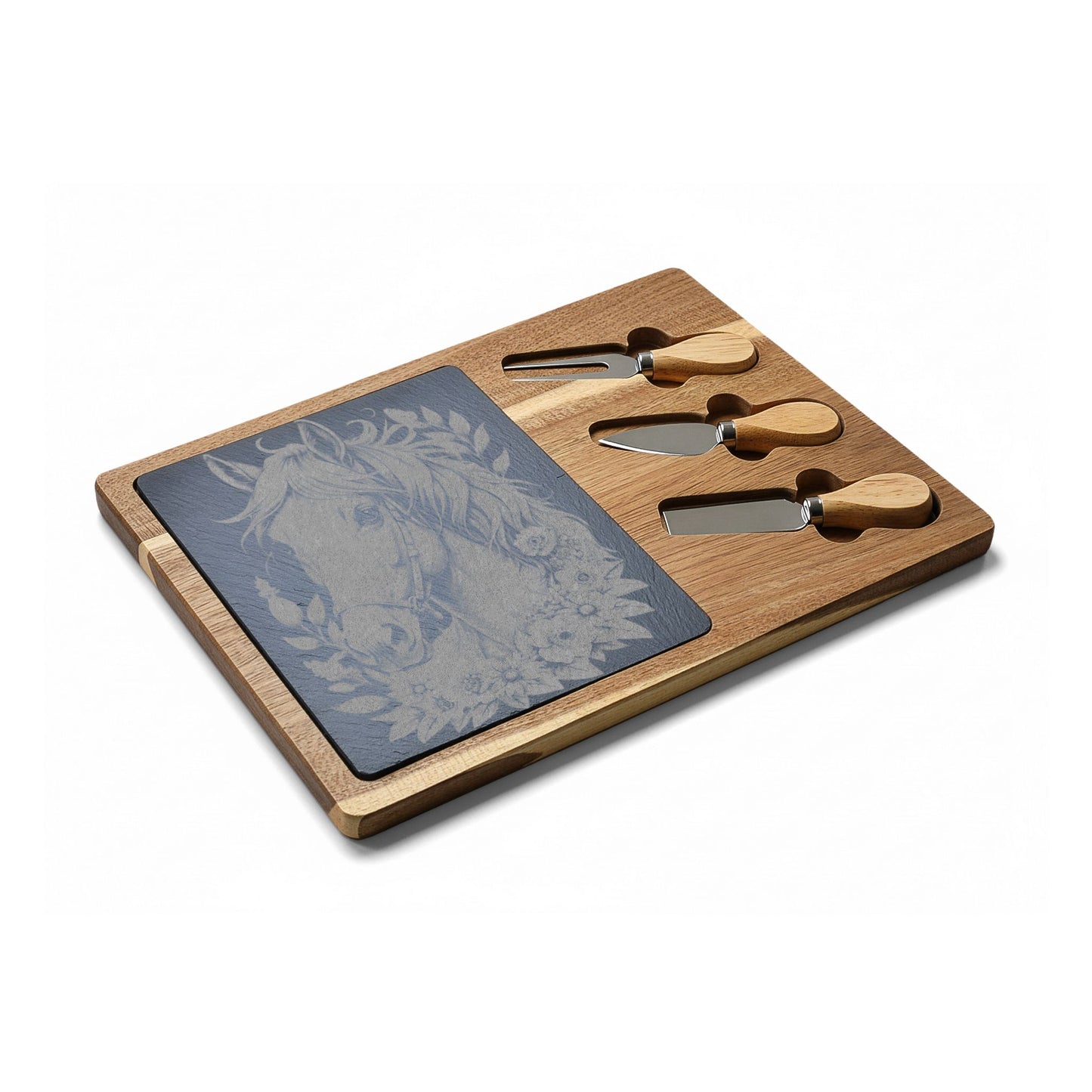 Engraved Horse Cheeseboard Set — Acacia Charcuterie Board with Slate Inlay & Cheese Tools