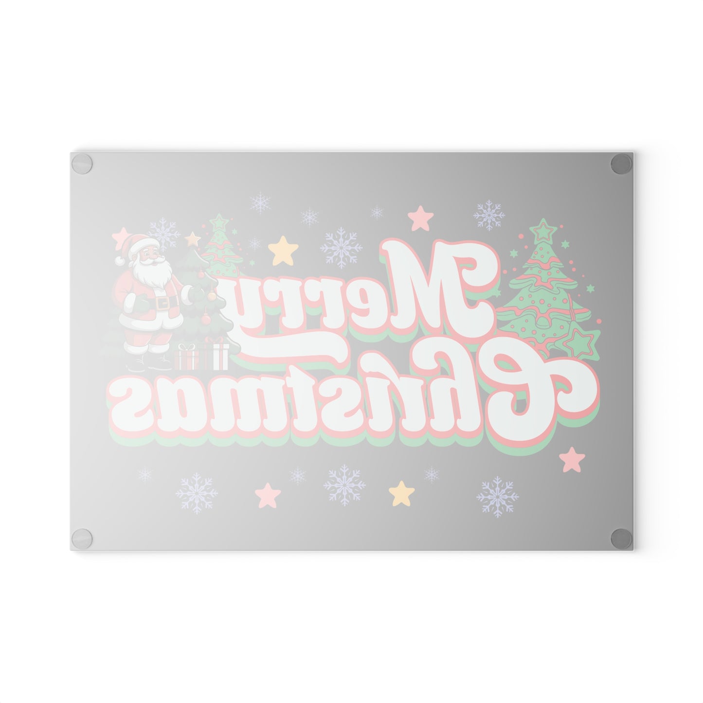 Merry Christmas Glass Cutting Board — Festive Santa & Trees Holiday Kitchen Decor