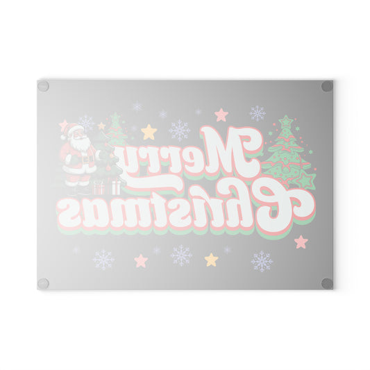Merry Christmas Glass Cutting Board — Festive Santa & Trees Holiday Kitchen Decor