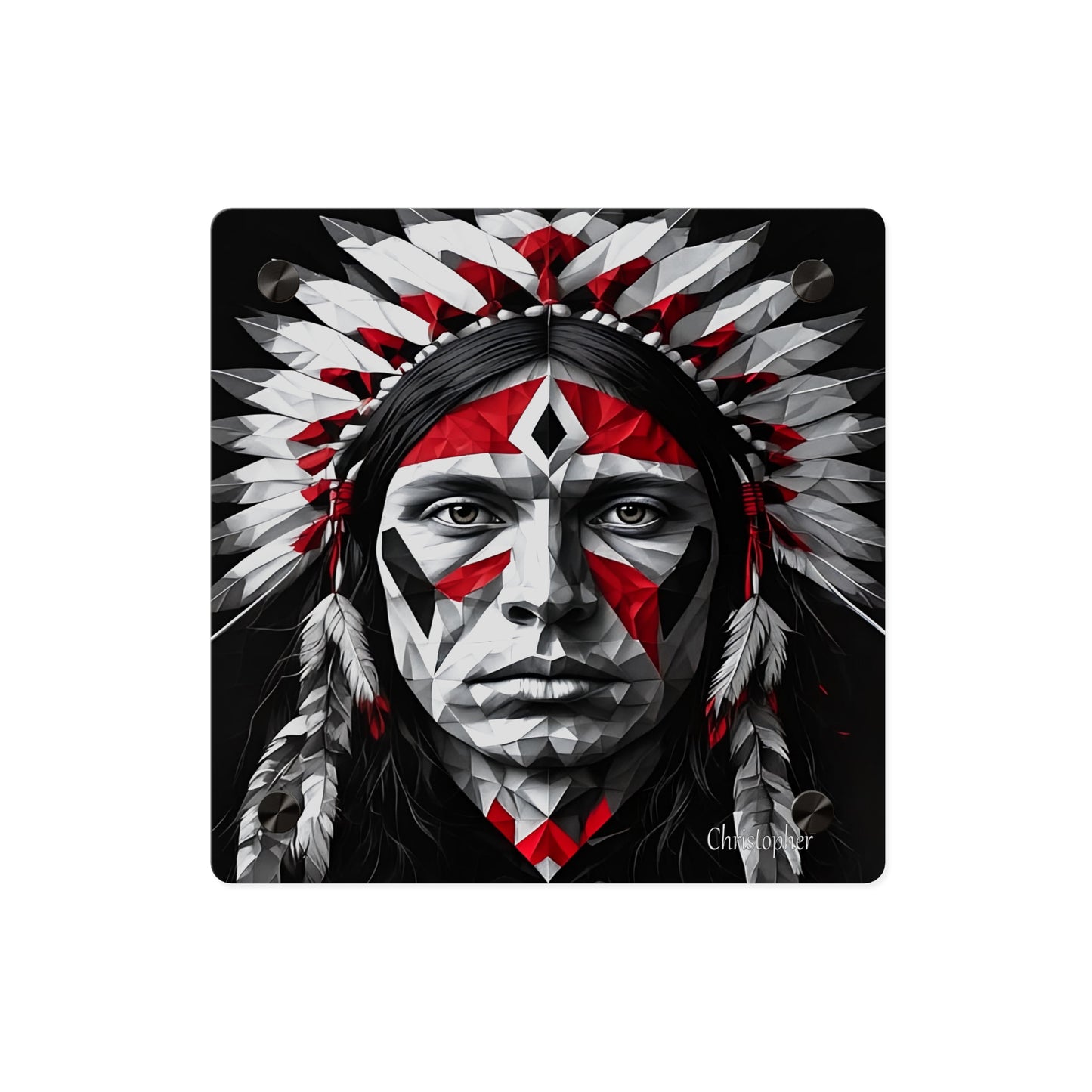 Acrylic Wall Art Panel — Geometric Indigenous Warrior Portrait (Red & Black)