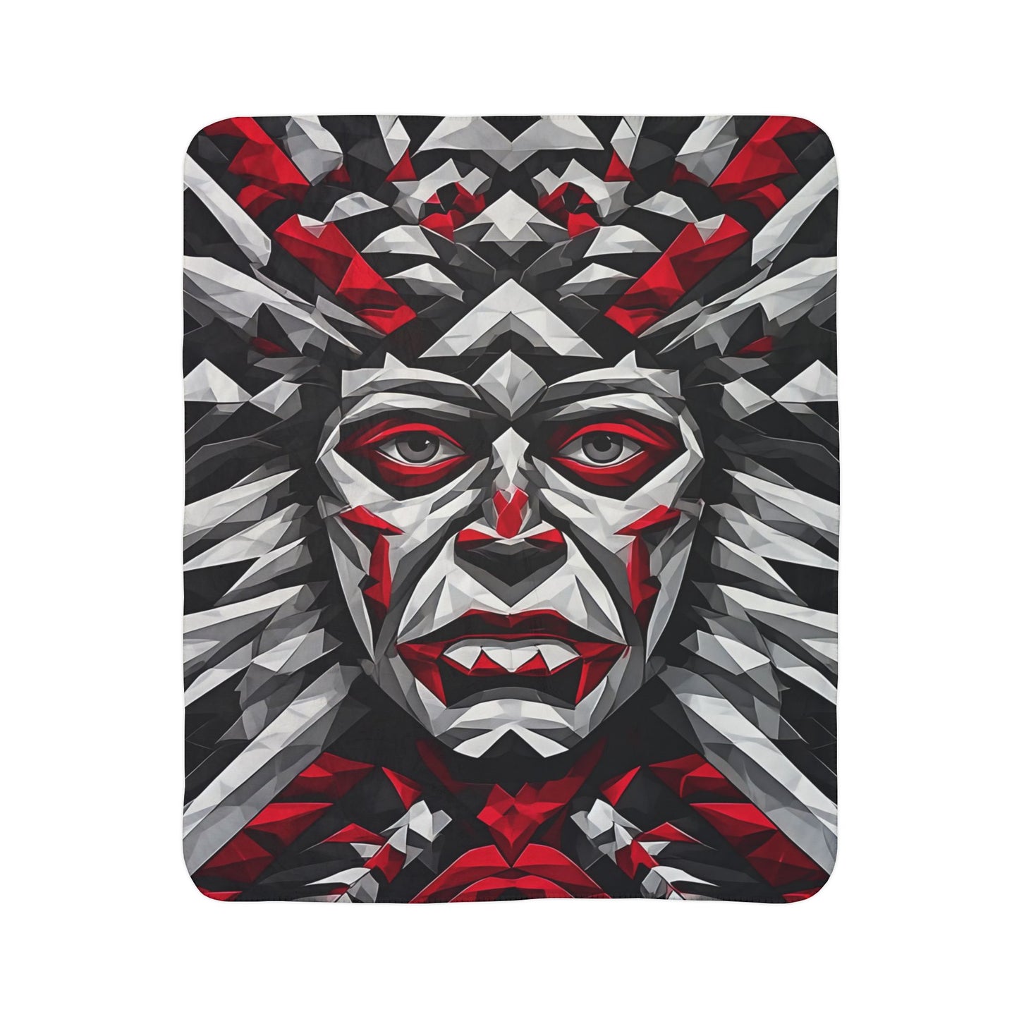 Geometric Tribal Mask Sherpa Blanket — Bold Red & Gray Abstract Face Throw