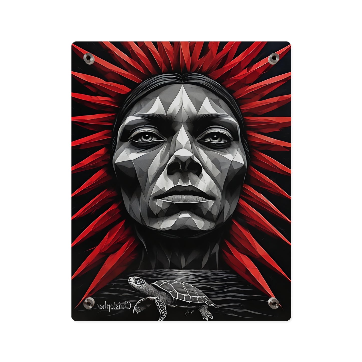 Acrylic Wall Art Panel — Geometric Tribal Face with Red Feather Headdress