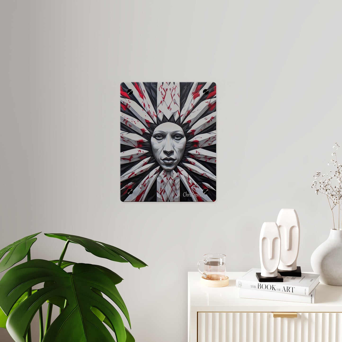 Acrylic Wall Art Panel — Surreal Sunburst Face with Red & Black Feather Design