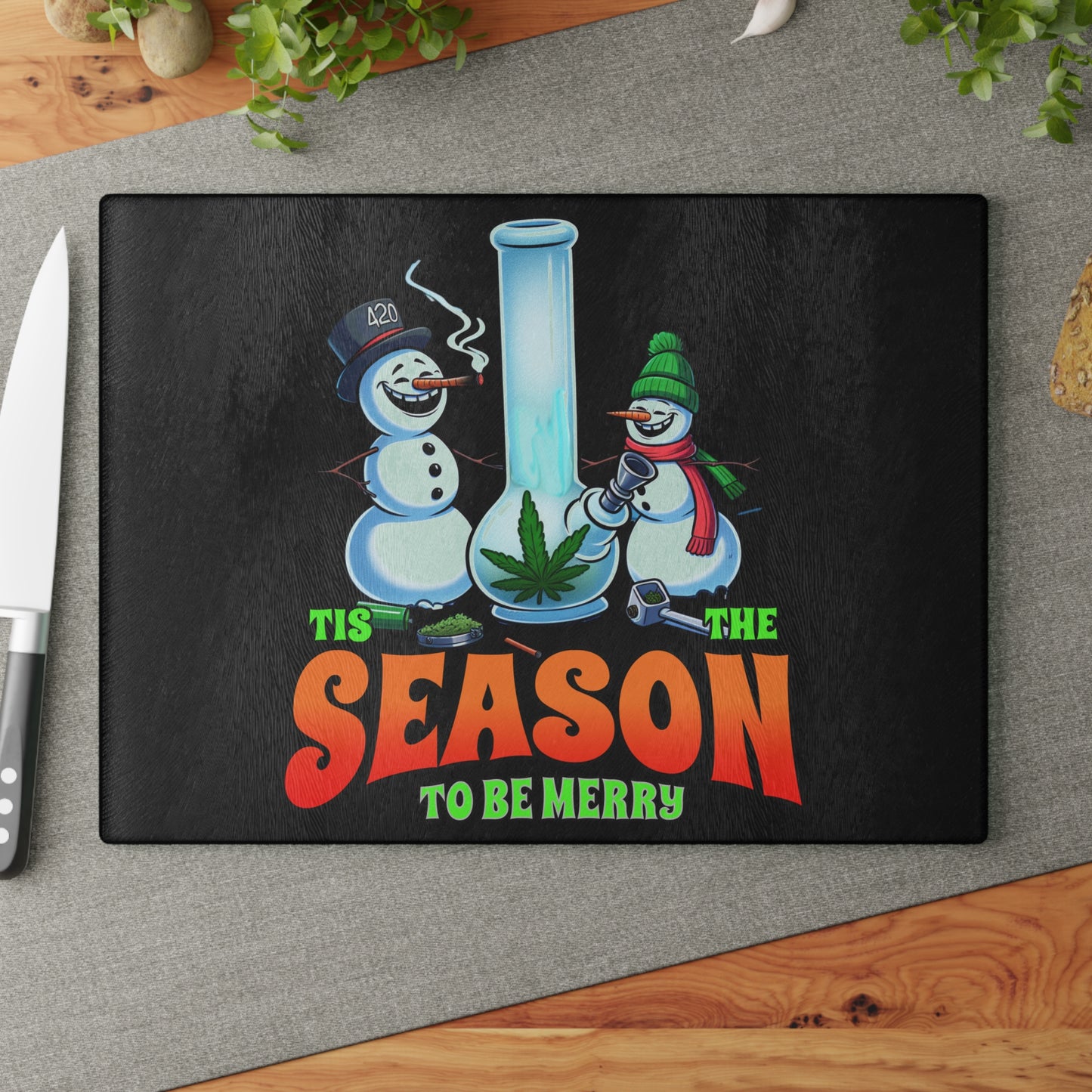 Festive Glass Cutting Board for Holiday Cooking, Christmas Kitchen Decor, Fun Gift for Chefs, Marijuana Humor, Snowman Theme