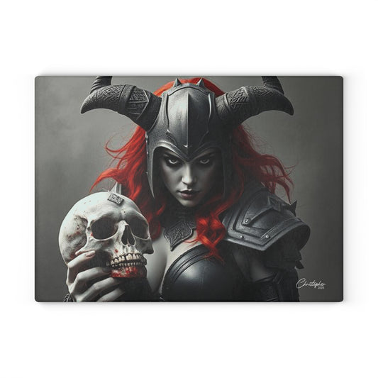 Gothic Glass Cutting Board - Dark Fantasy Design with Skull and Warrior