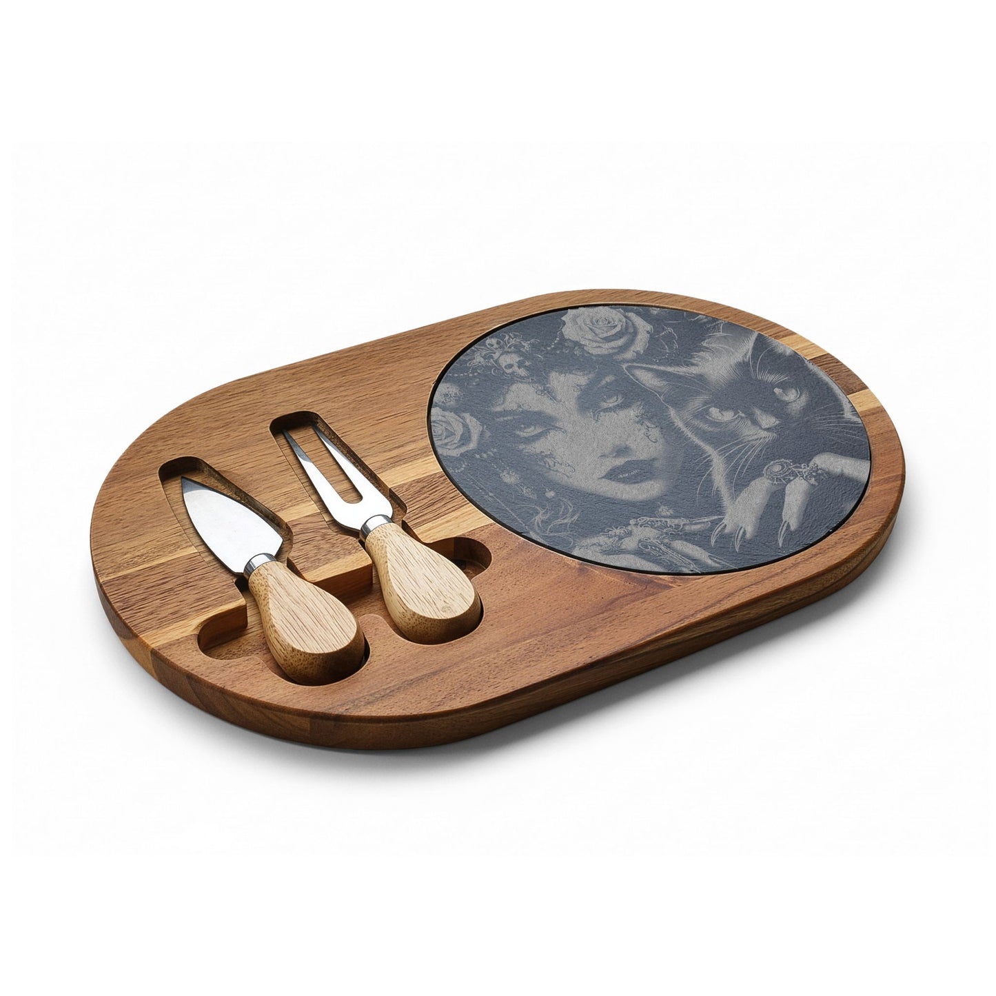 Engraved Bamboo Charcuterie Board with Gothic Woman & Cat Artwork