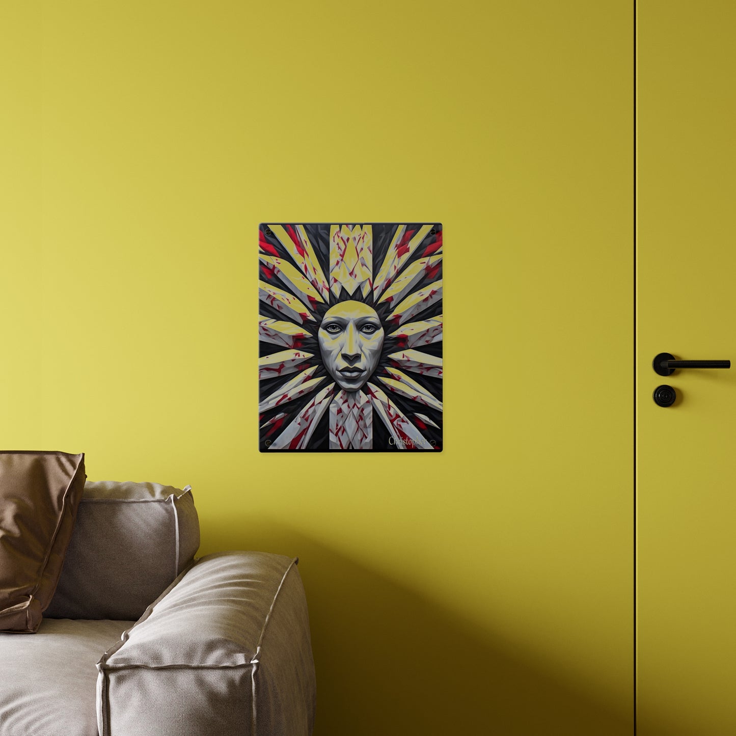 Acrylic Wall Art Panel — Surreal Sunburst Face with Red & Black Feather Design