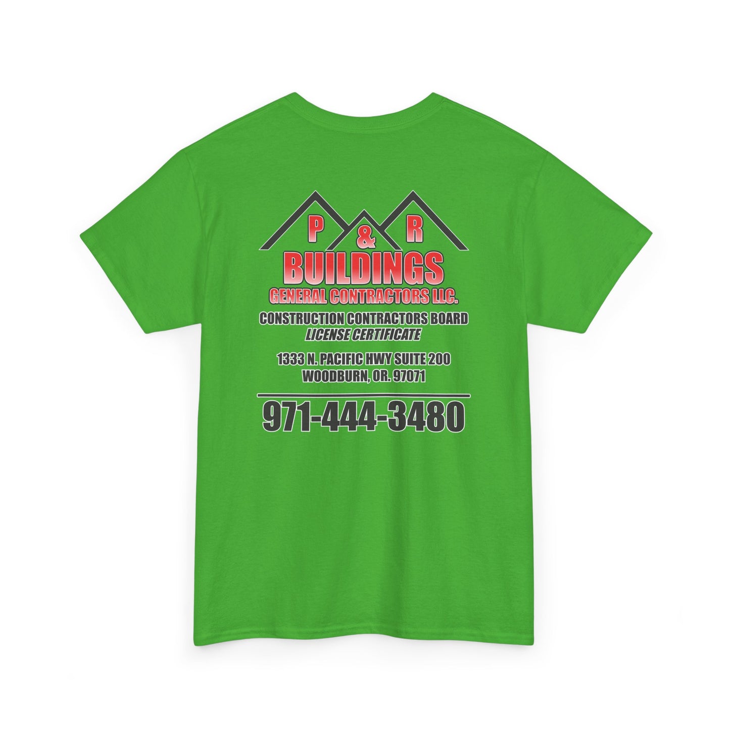 P&R BUILDINGS Logo Tee — Built Kings Contractor T‑Shirt (Phone & License Info on Back)