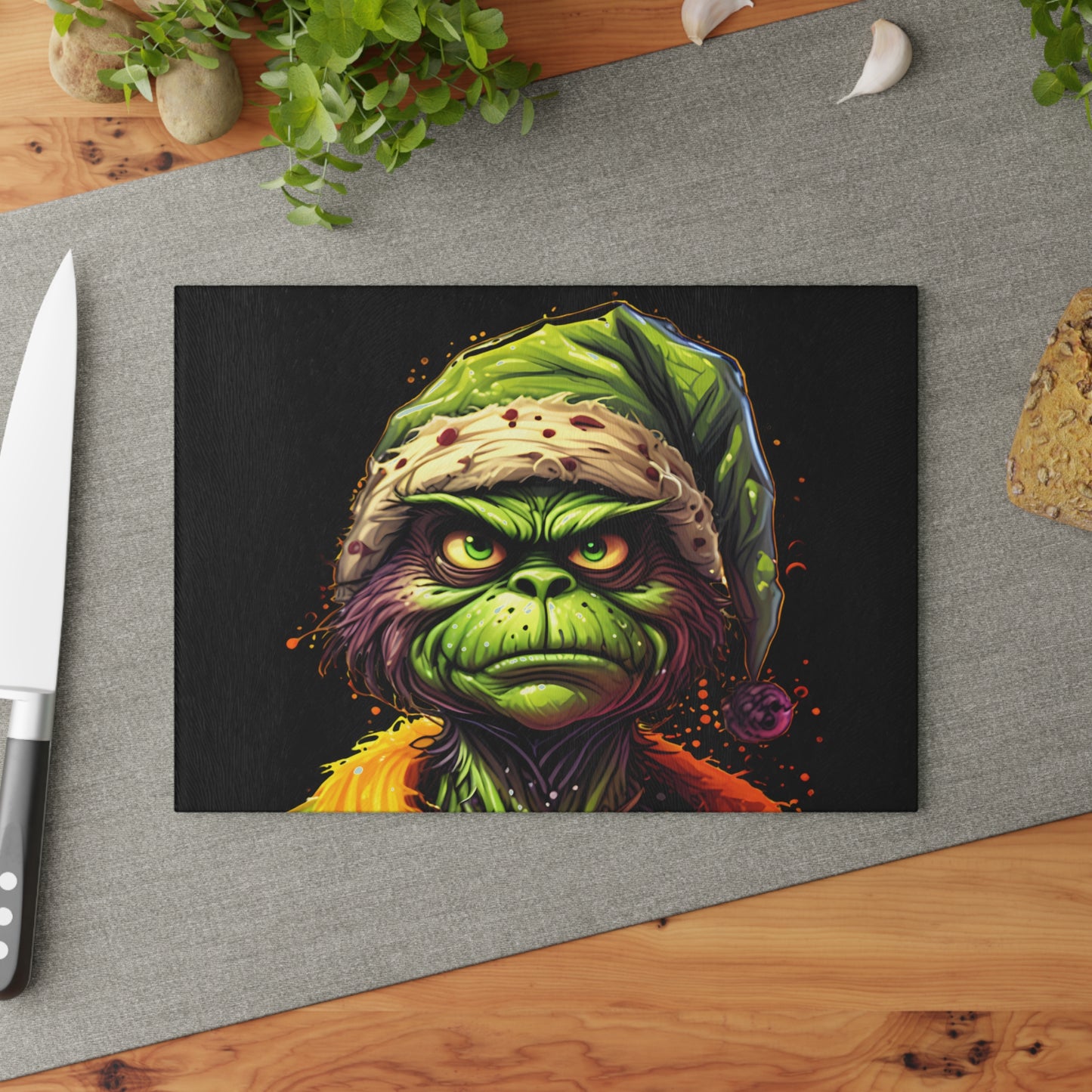 Glass Cutting Board — Grumpy Grinch Face Holiday Kitchen Decor