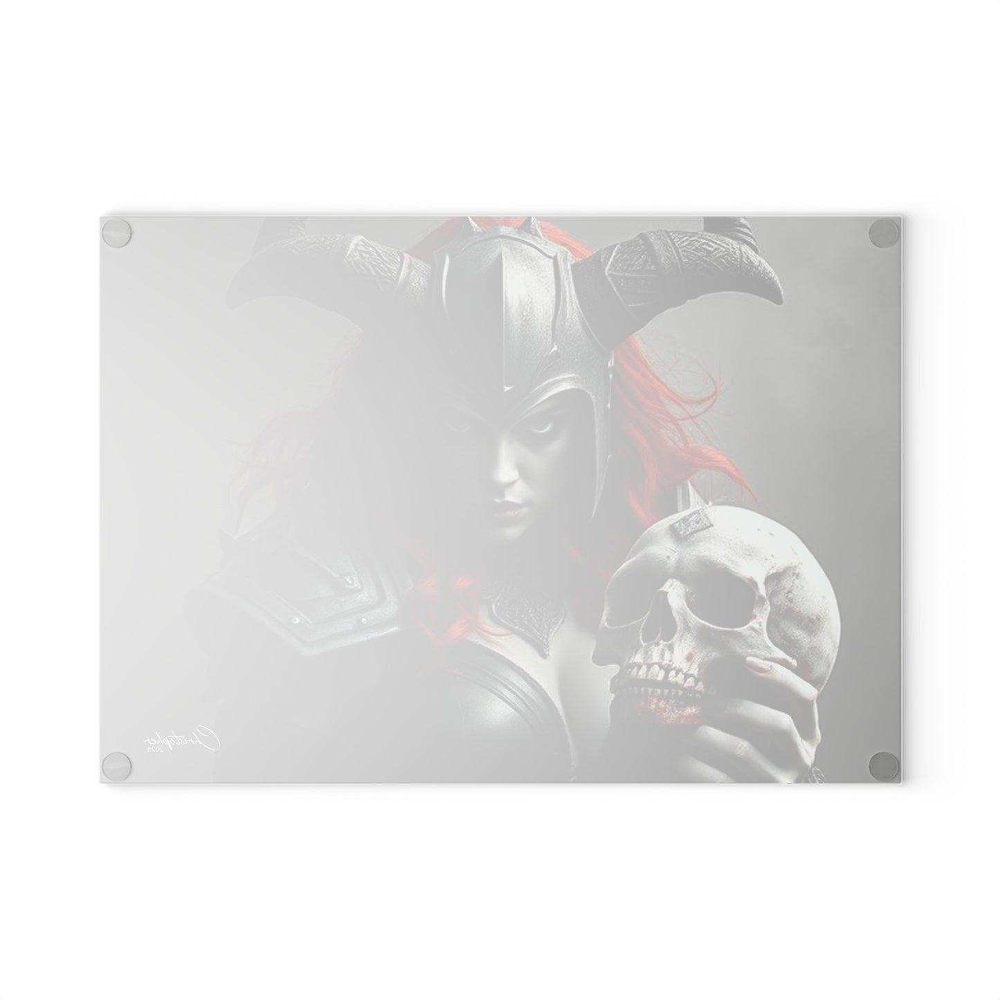 Gothic Glass Cutting Board - Dark Fantasy Design with Skull and Warrior