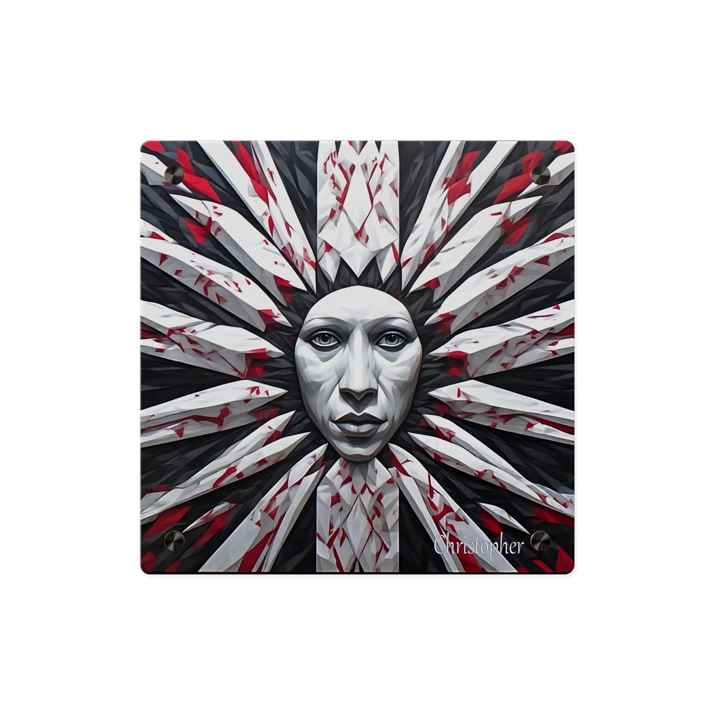 Acrylic Wall Art Panel — Surreal Sunburst Face with Red & Black Feather Design